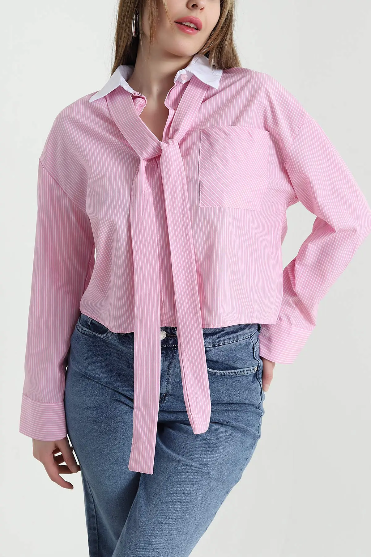 Pembe Cepli Çizgili Poplin Kadın Gömlek 443484