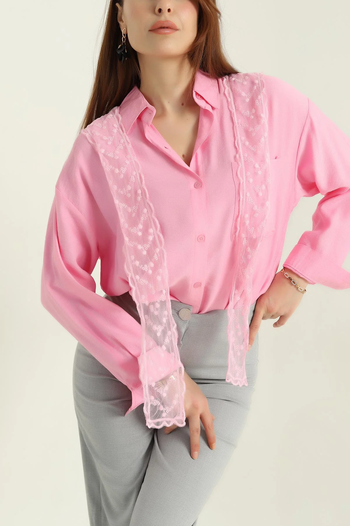 Pembe Cepli Dantel Detay Kadın Keten Gömlek 363340