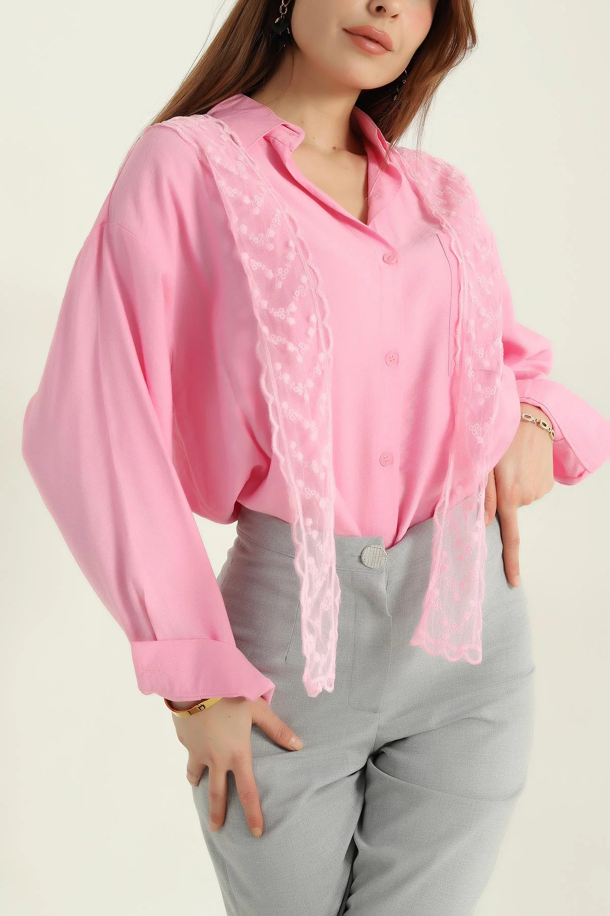 Pembe Cepli Dantel Detay Kadın Keten Gömlek 363340