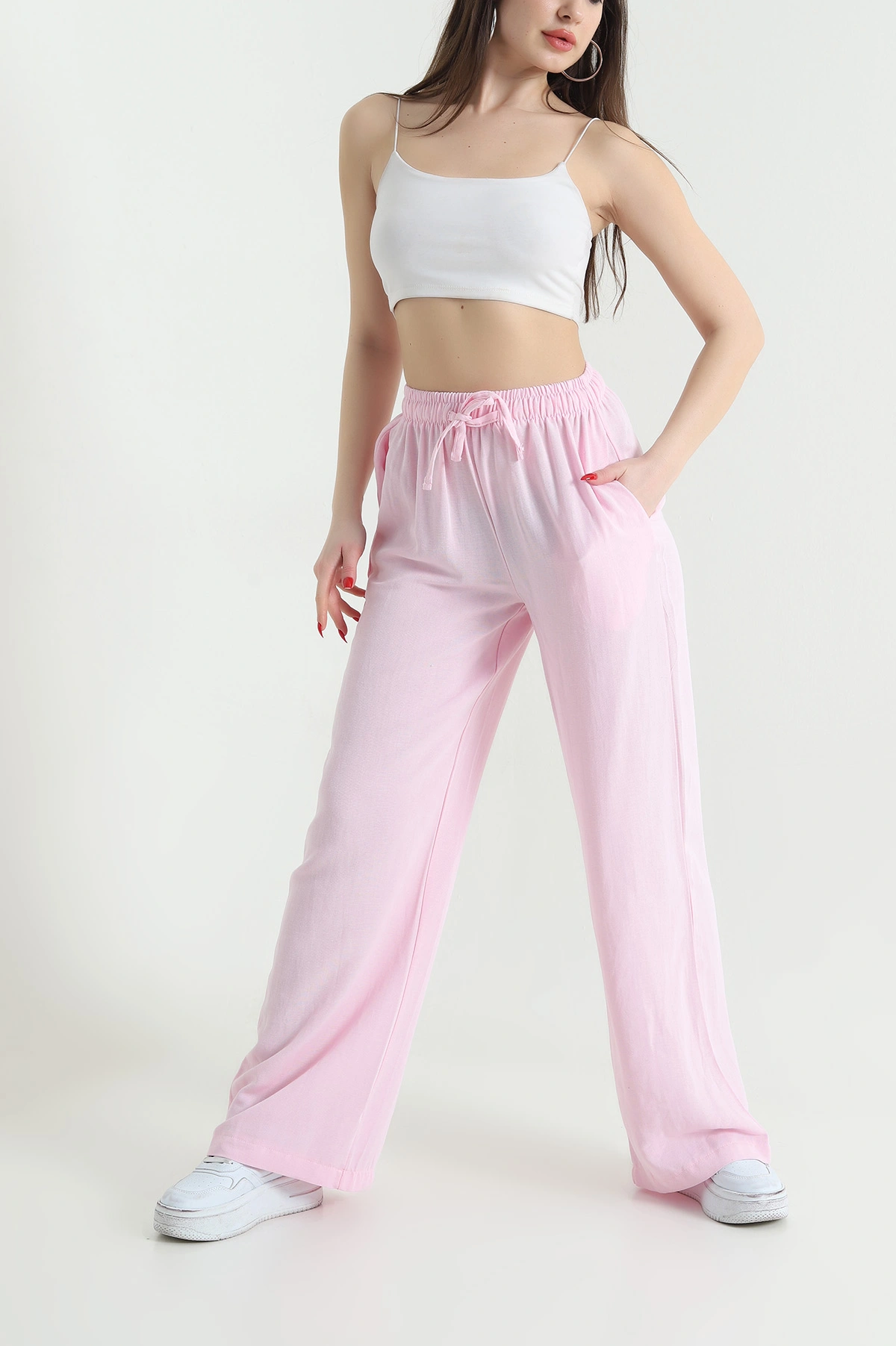 Pembe Cepli Palazzo Keten Kadın Pantolon 438239
