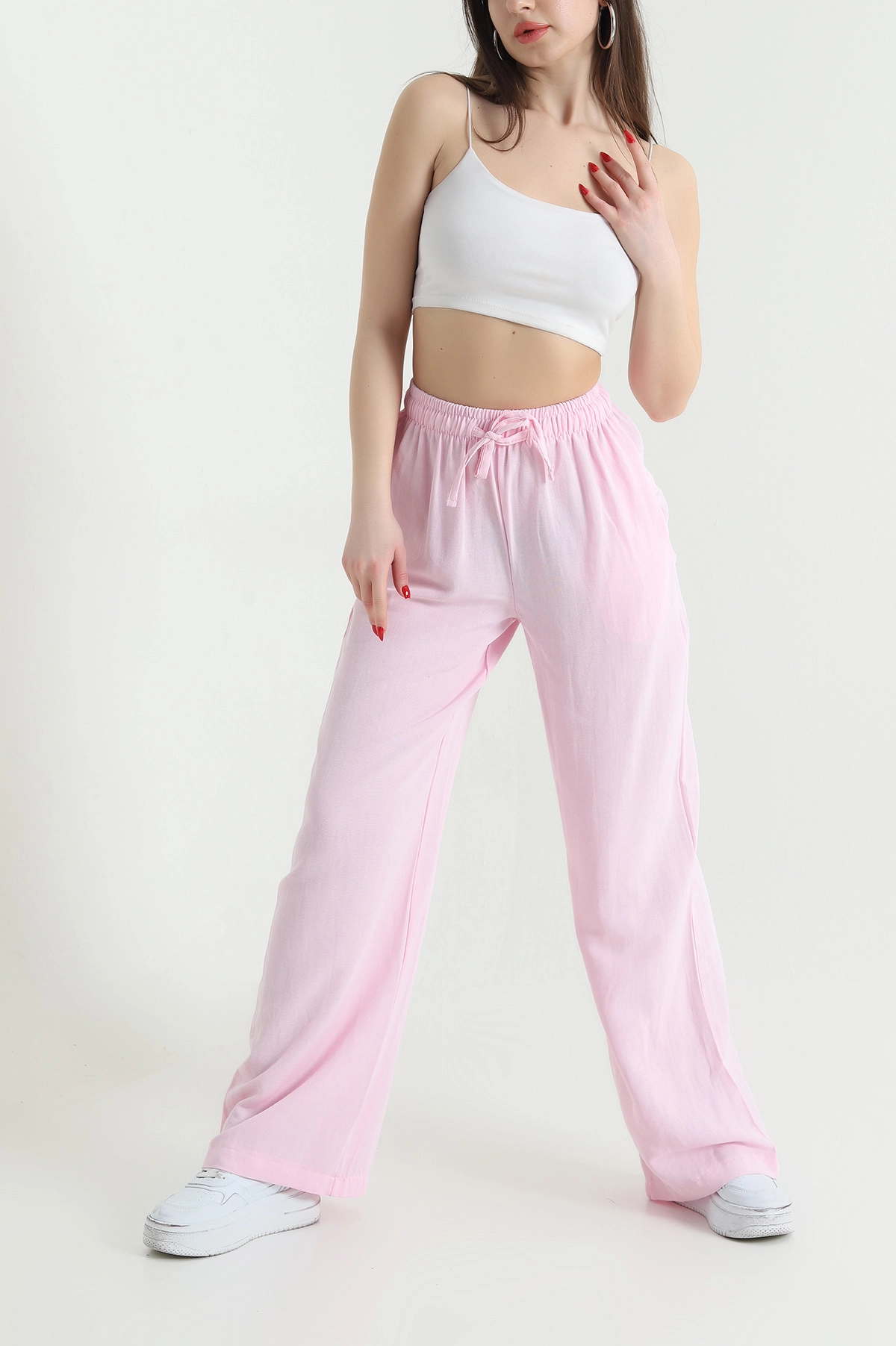 Pembe Cepli Palazzo Keten Kadın Pantolon 438239