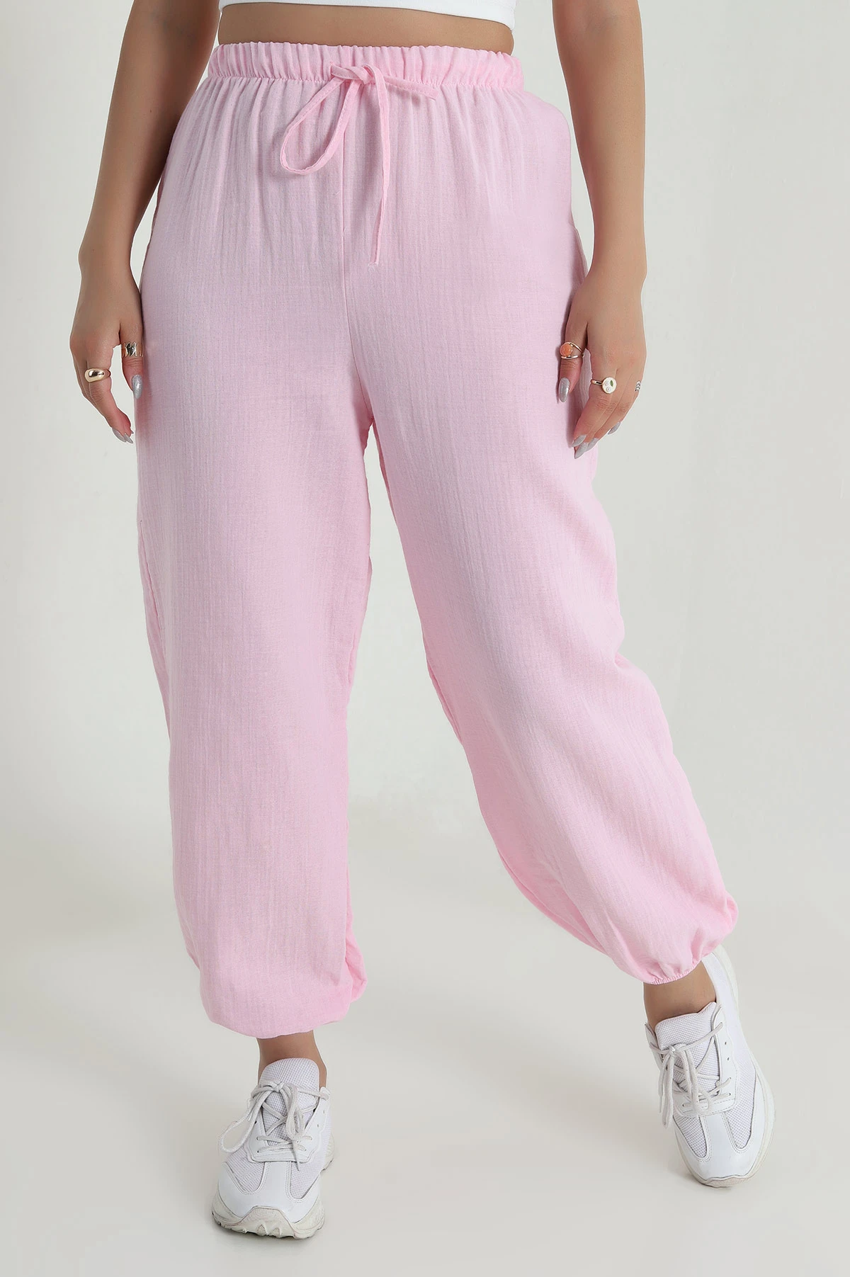Pembe Cepsiz Müslin Keten Kadın Pantolon 481938