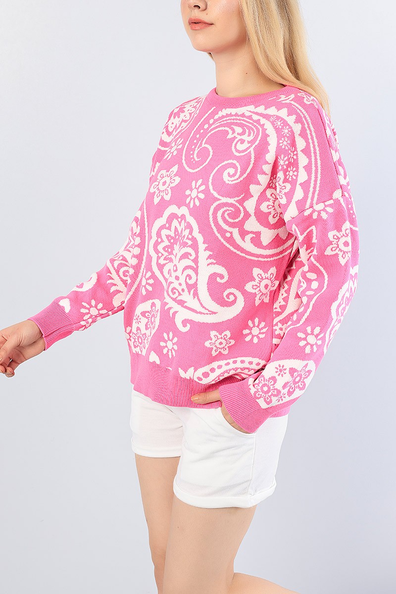 Pembe Çiçek Desen Bayan Triko Kazak 77213