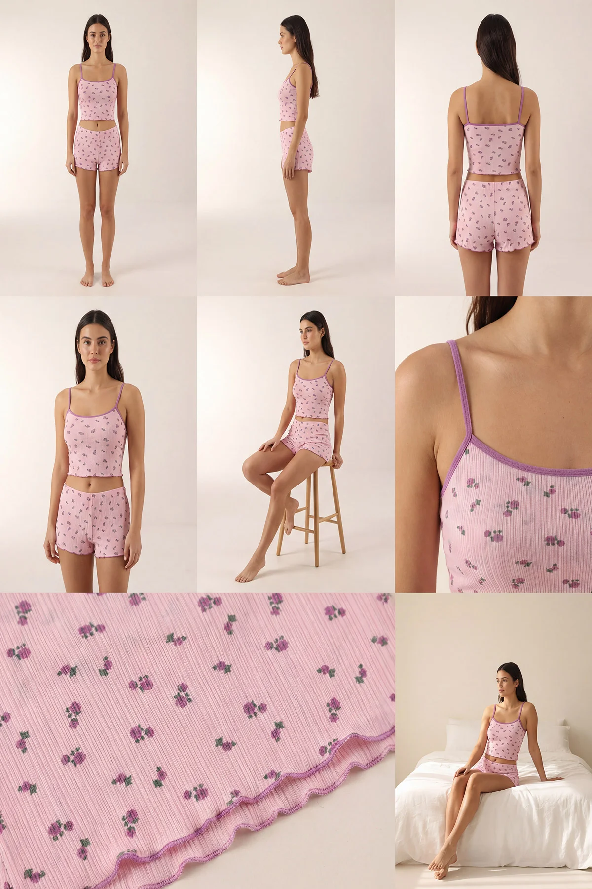 Pembe Çiçek Desenli Kadın Şortlu Pijama Takımı 439998