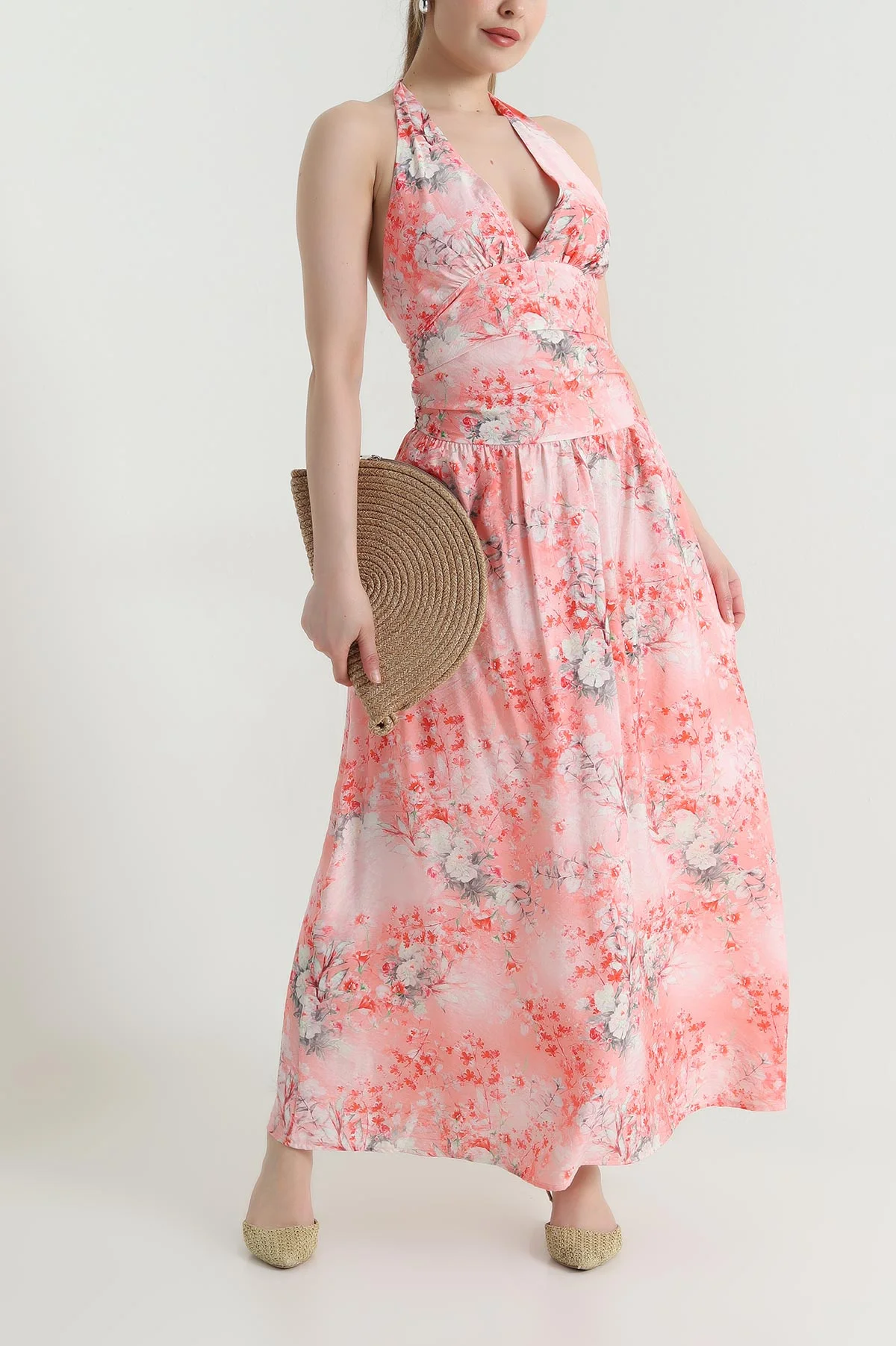 Pembe Çiçek Desenli Tencel Kadın Elbise 466010
