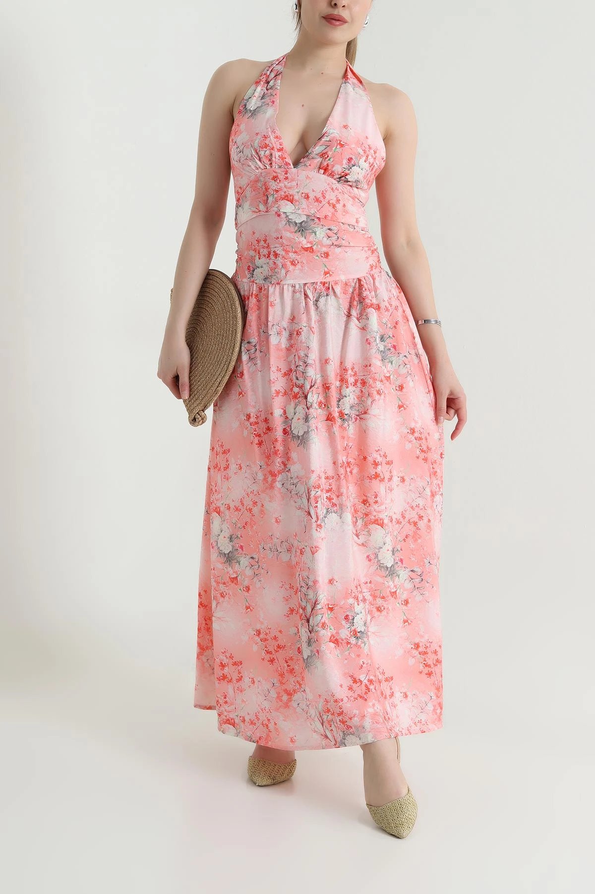 Pembe Çiçek Desenli Tencel Kadın Elbise 466010