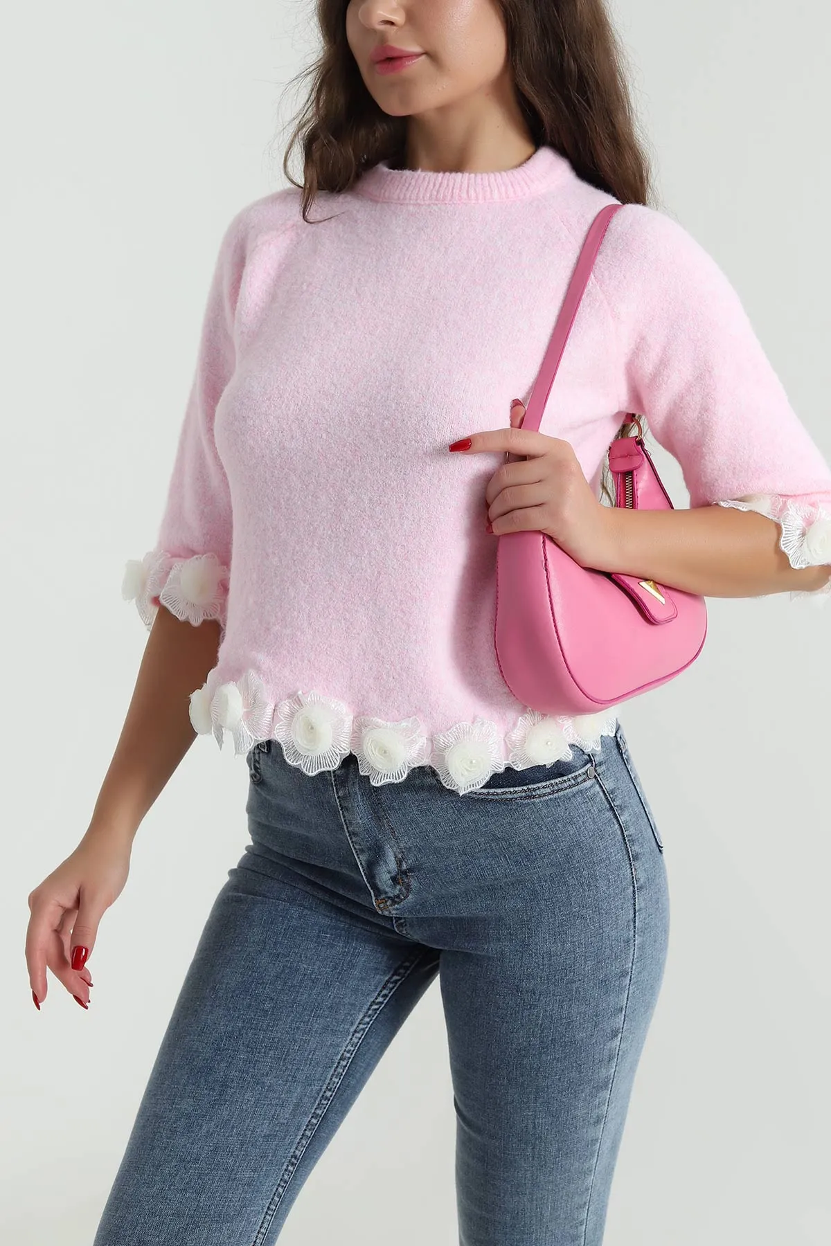 Pembe Çiçek Detay Kadın Triko Kadın Kazak 491212
