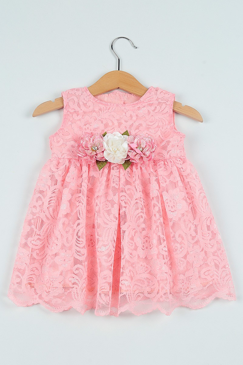 (1-4Yaş)Pembe Çiçekli Astarlı Güpürlü Kız Çocuk Elbise 101162