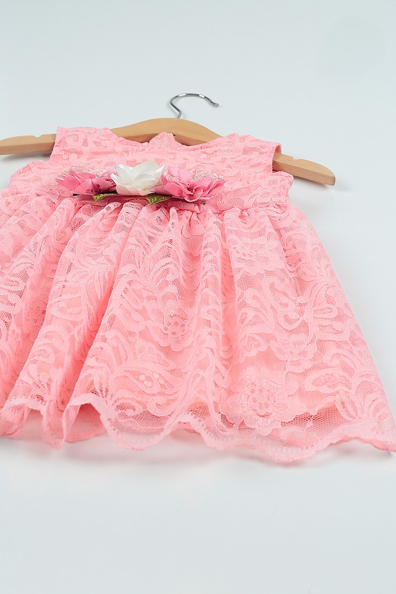 (1-4Yaş)Pembe Çiçekli Astarlı Güpürlü Kız Çocuk Elbise 101162