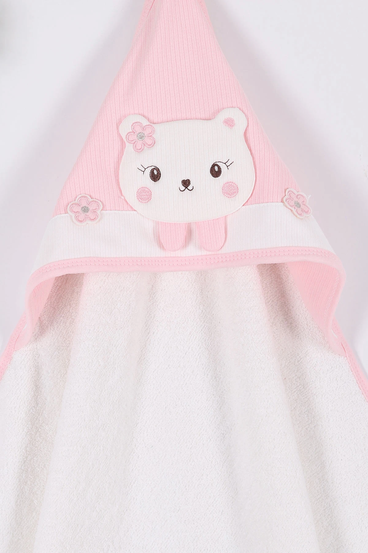 Pembe Çiçekli Kedi Nakışlı Bebe Havlu 261957