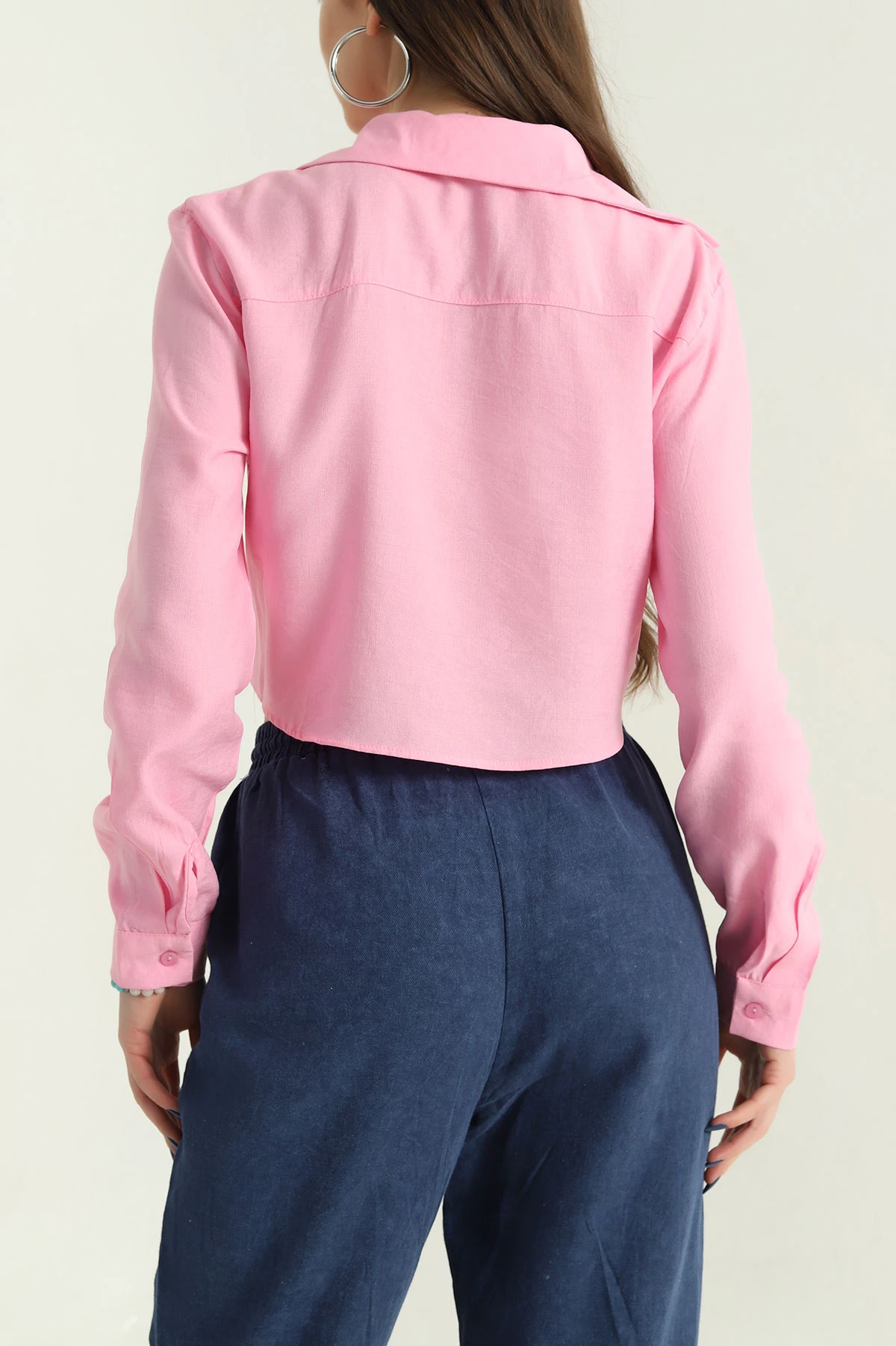 Pembe Çift Cep Önü Bağlı Bayan Crop Gömlek 336865