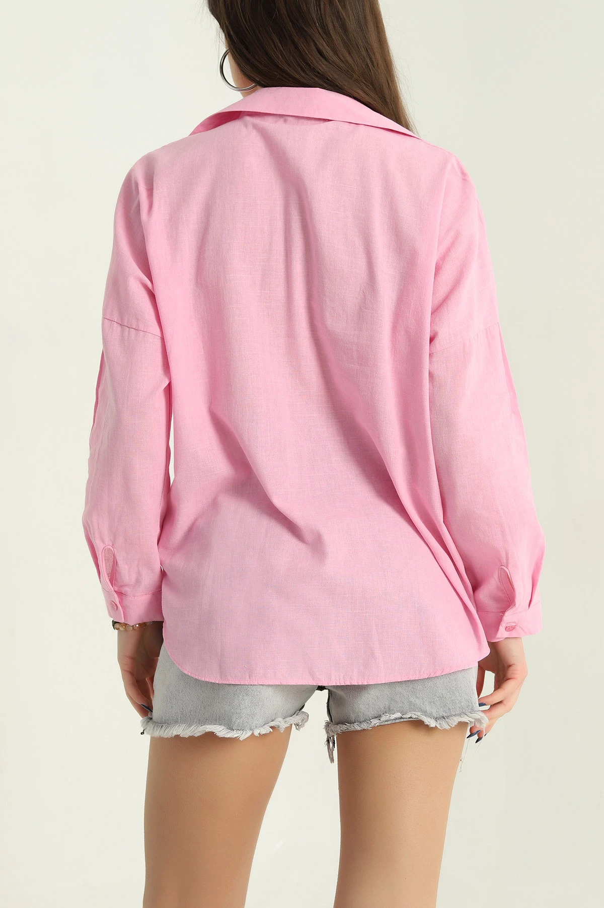 Pembe Çift Cep Oversize Keten Gömlek 336981