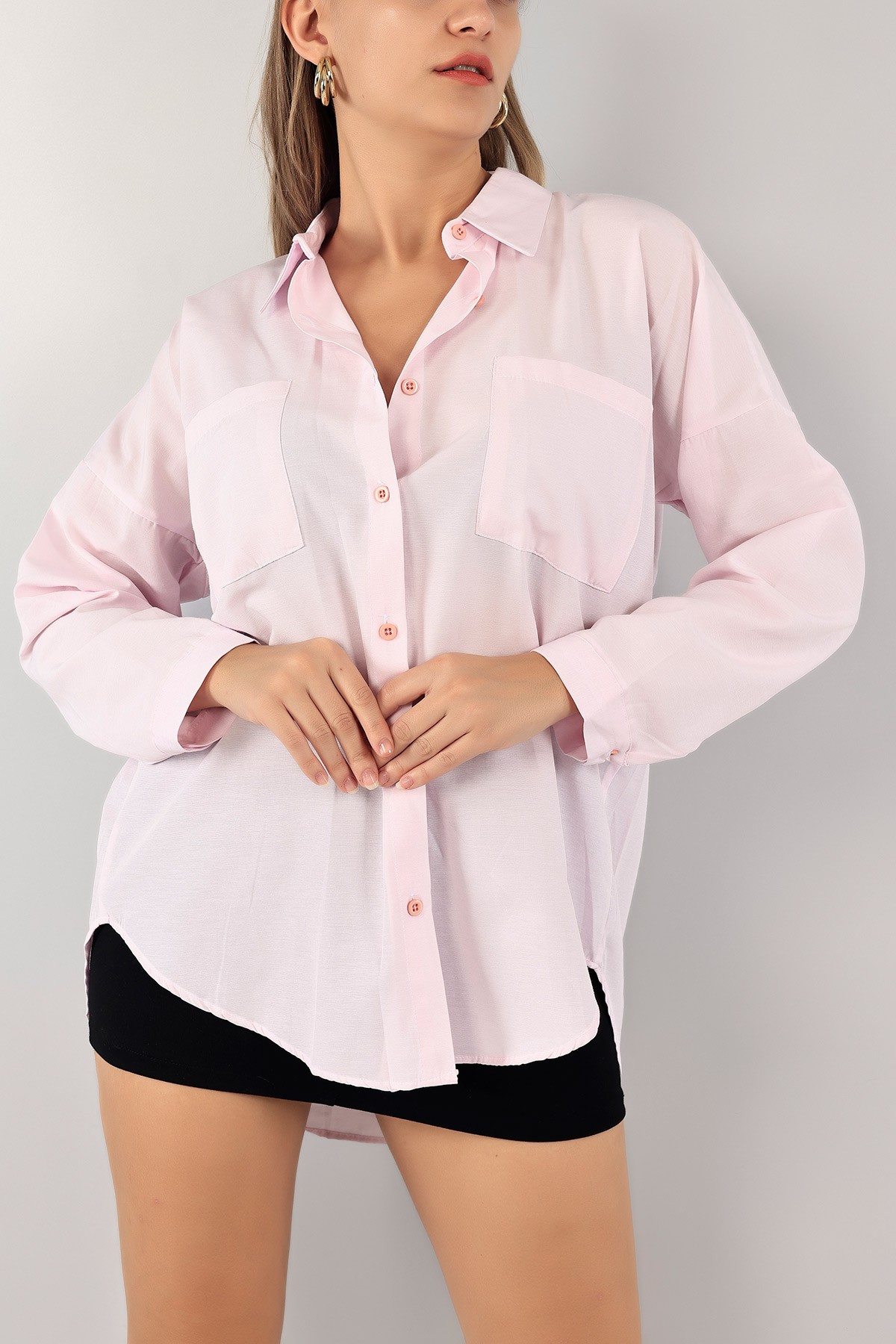 Pembe Çift Cepli Poplin Bayan Gömlek 128093