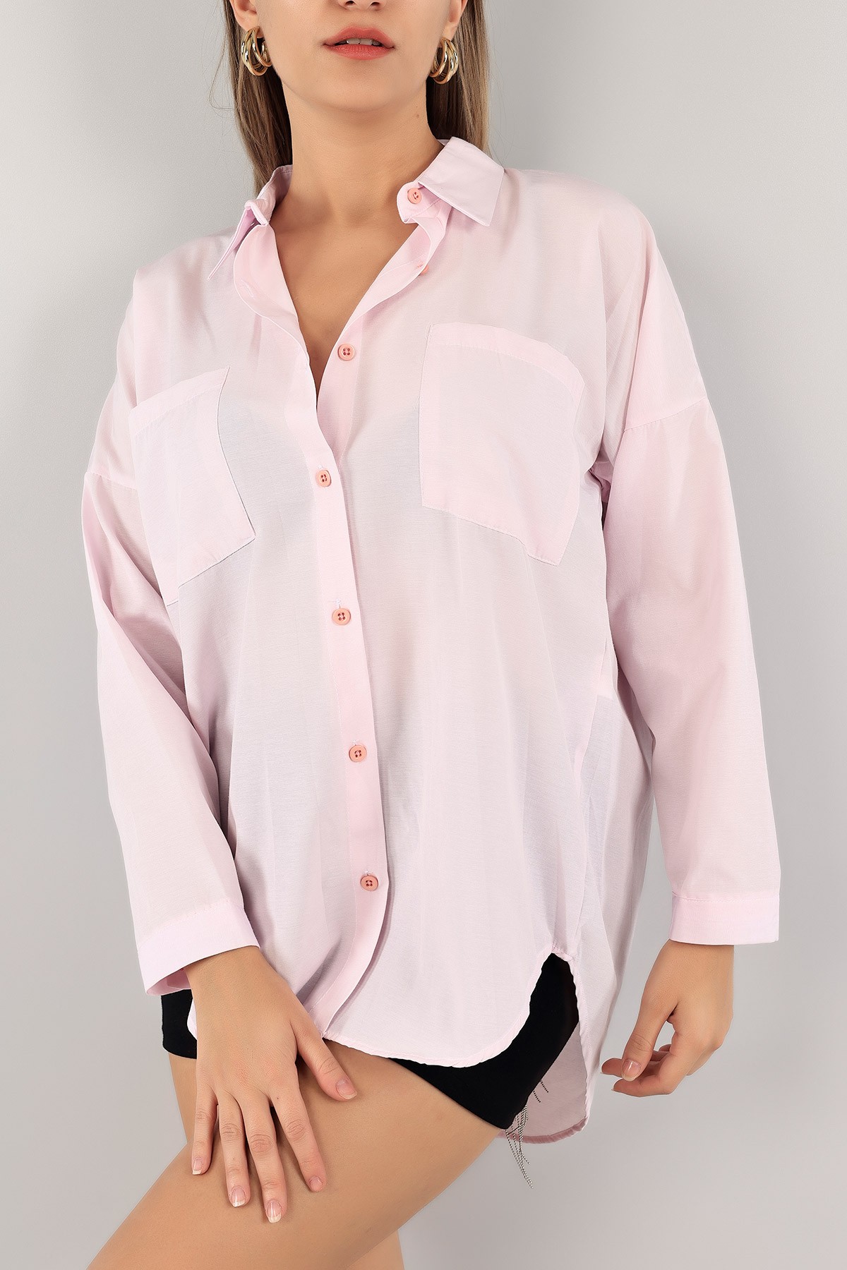 Pembe Çift Cepli Poplin Bayan Gömlek 128093