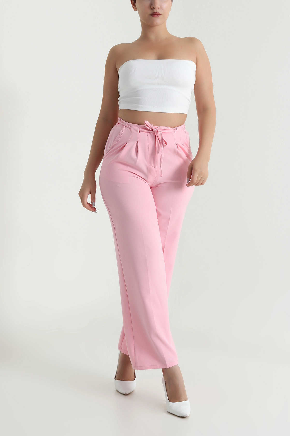 Pembe Çift Pileli Beli Lastikli Kadın Pantolon 482578
