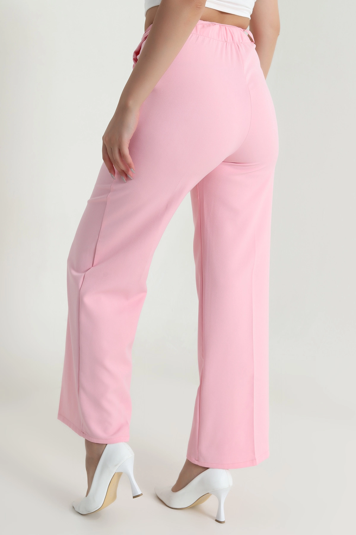 Pembe Çift Pileli Beli Lastikli Kadın Pantolon 482578
