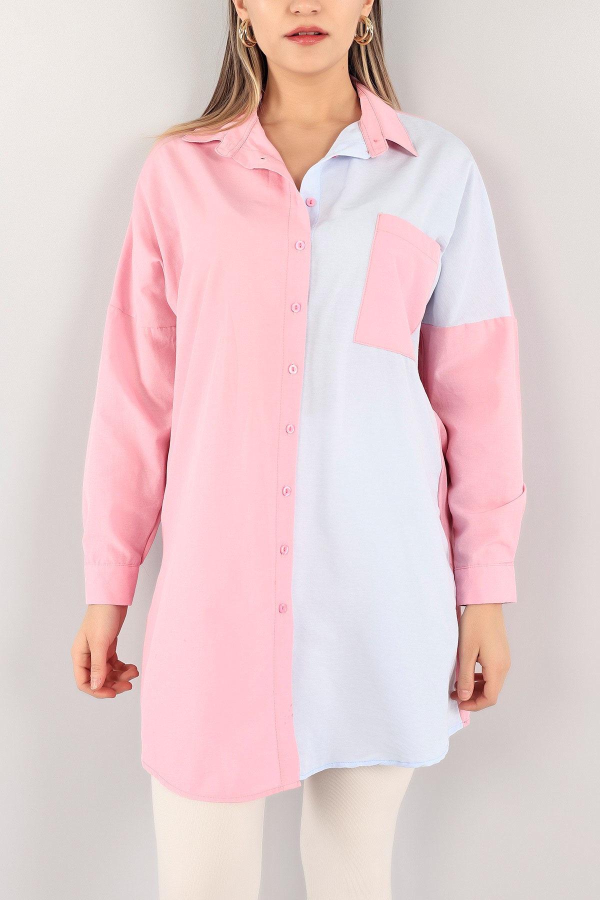 Pembe Çift Renk Cepli Poplin Gömlek Tunik 111013