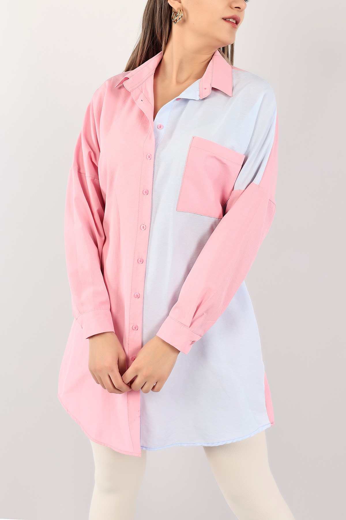 Pembe Çift Renk Cepli Poplin Gömlek Tunik 111013