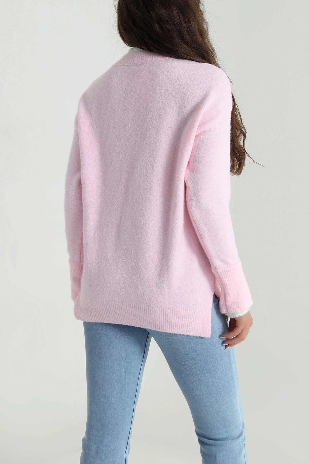 Pembe Çift Yaka Kolu Yırtmaçlı Kadın Triko Kazak 485250