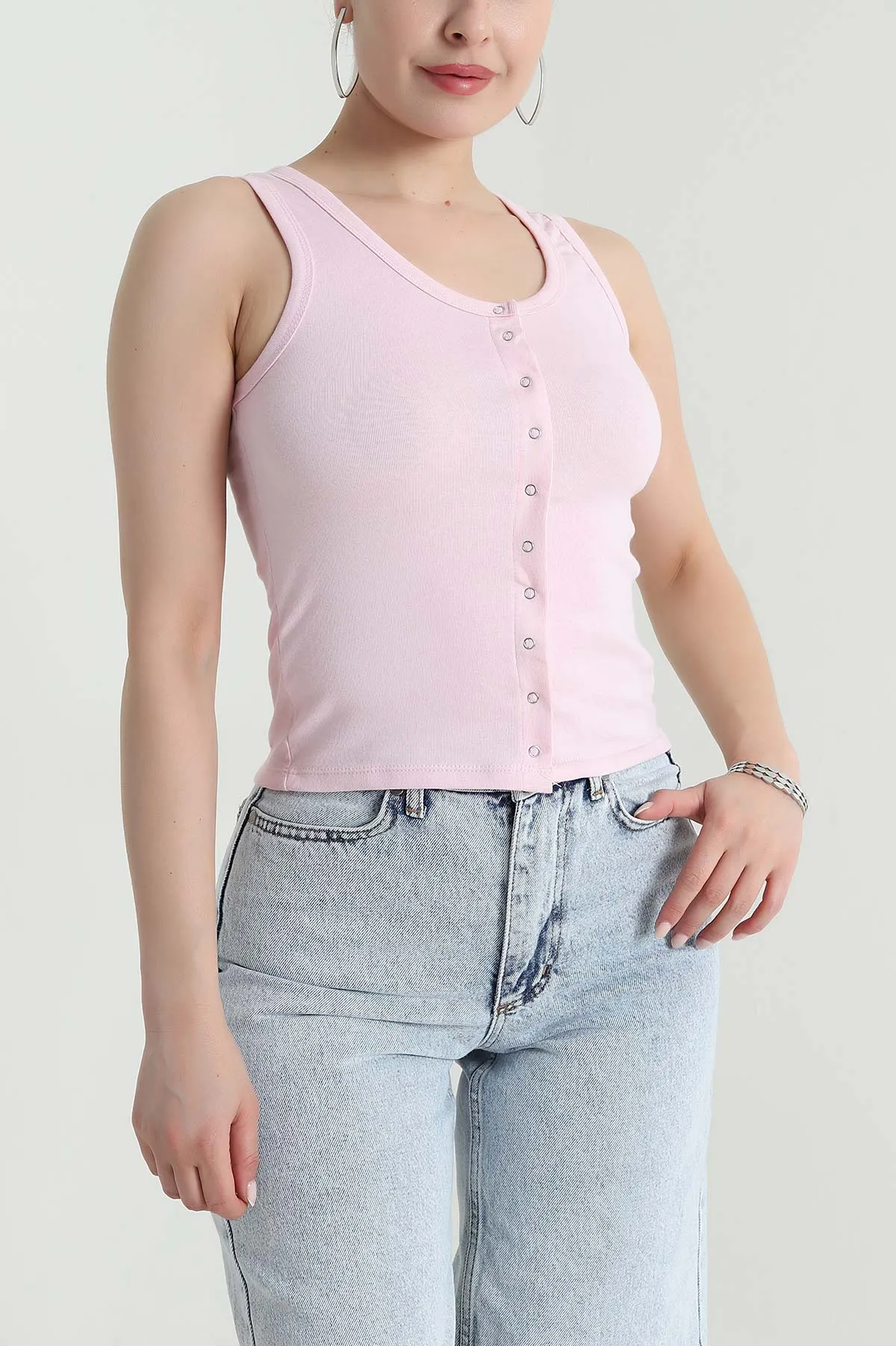 Pembe Çıt Çıtlı Kolsuz Kadın Bluz 471931