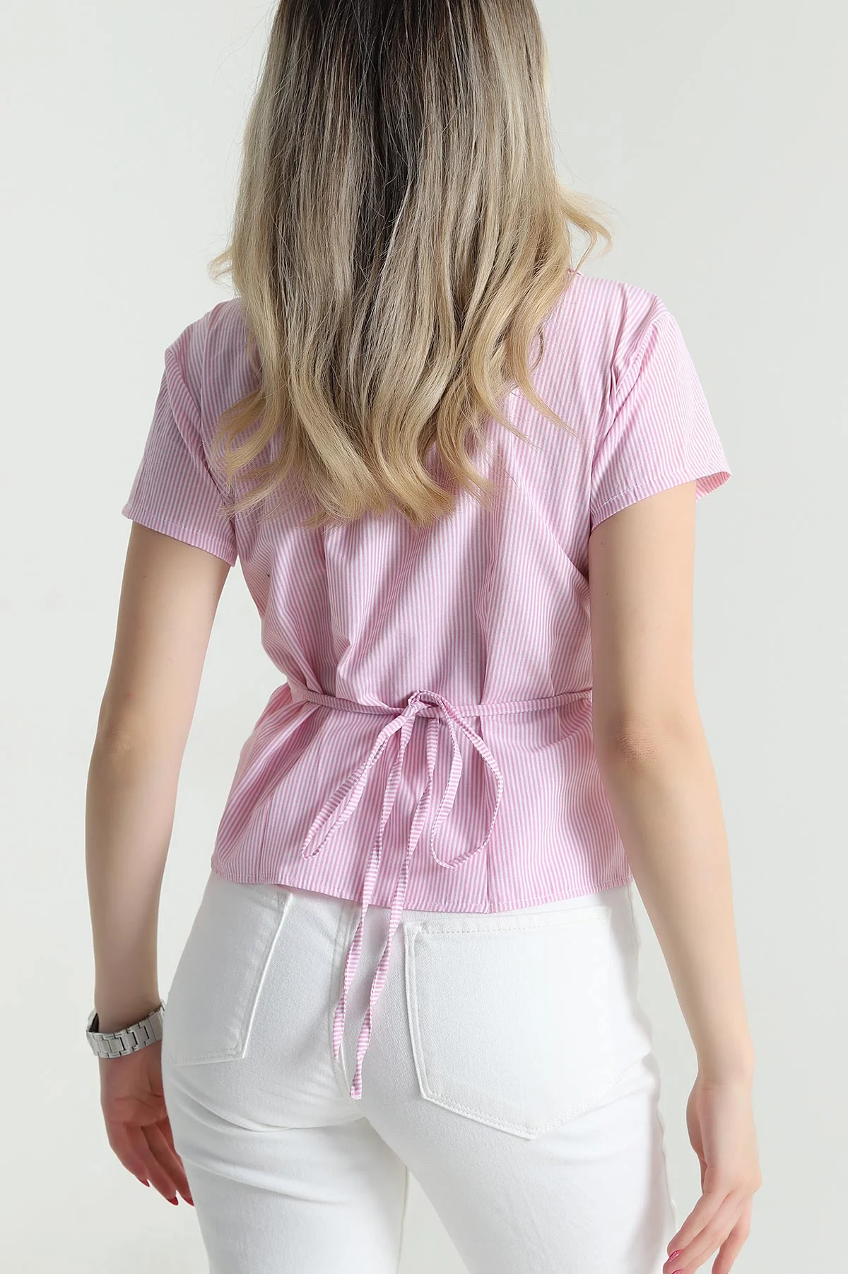 Pembe Çizgili Bağlamalı Poplin Kadın Gömlek 475594