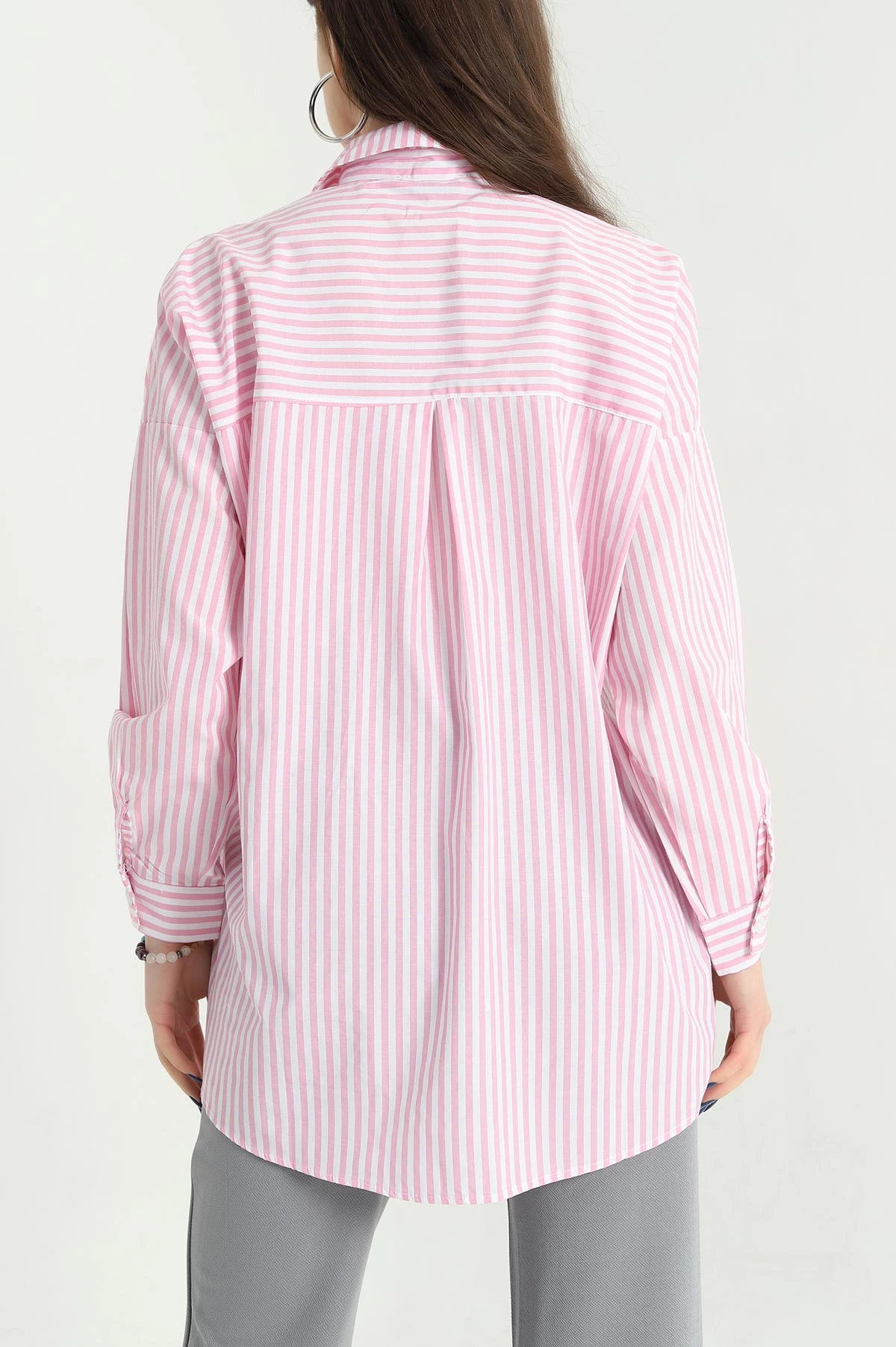 Pembe Çizgili Çiçek Detay Poplin Bayan Gömlek 337967