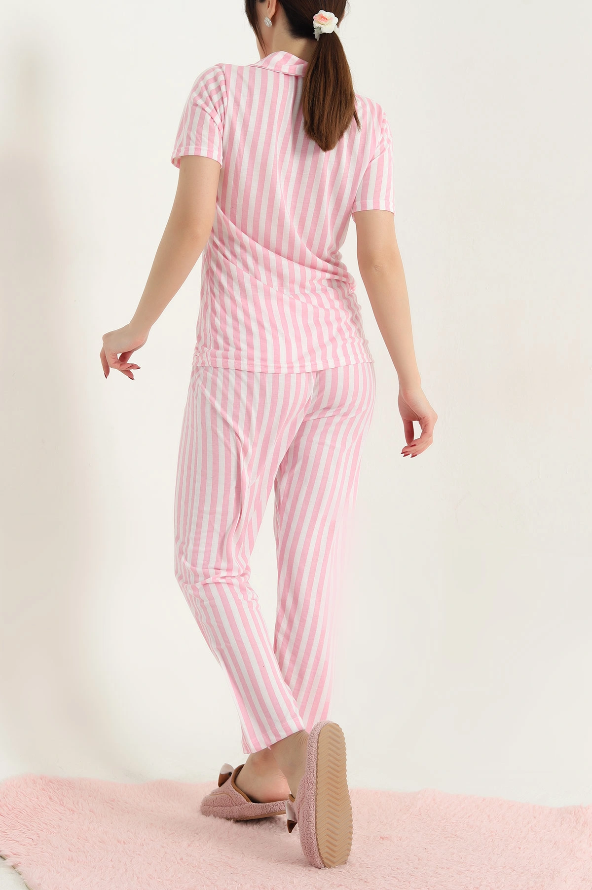 Pembe Çizgili Düğmeli Viskon Kadın Pijama Takımı 338369