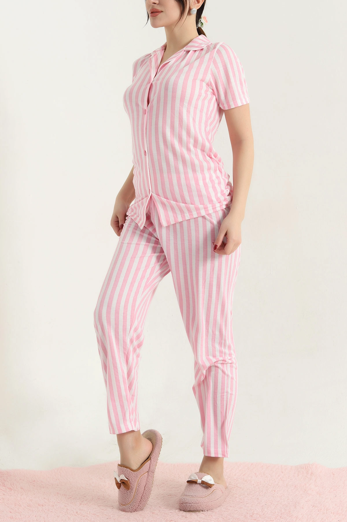 Pembe Çizgili Düğmeli Viskon Kadın Pijama Takımı 338369