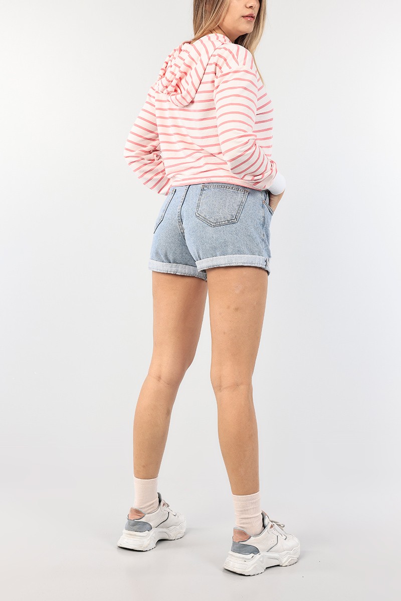 Pembe Çizgili Kapüşonlu Bayan Sweat 90463