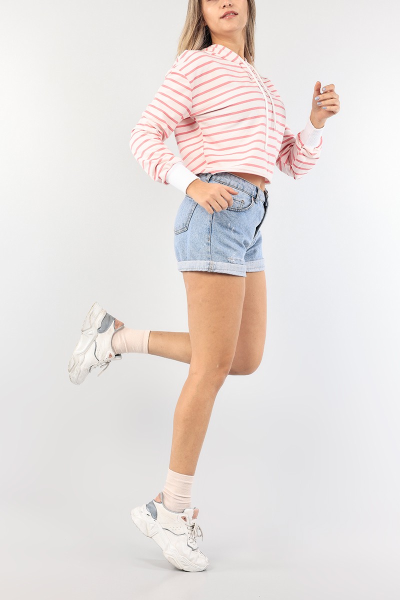 Pembe Çizgili Kapüşonlu Bayan Sweat 90463