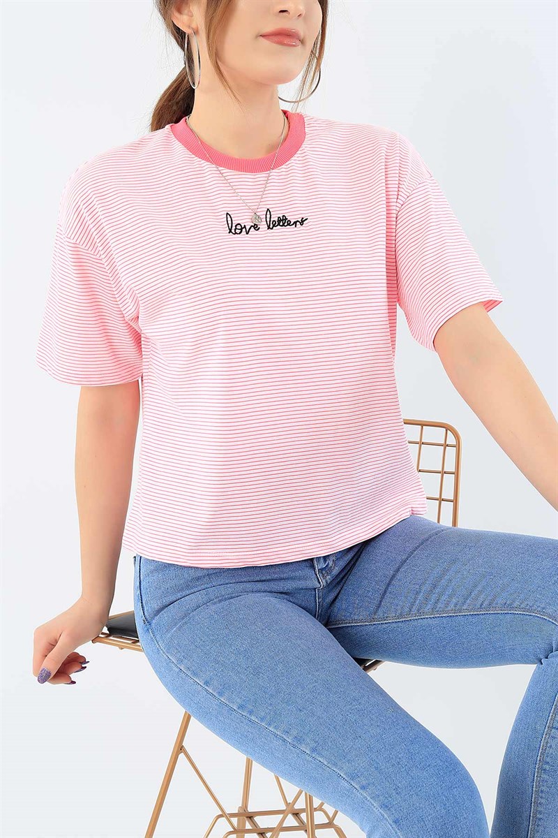 Pembe Çizgili Likralı Bayan Tişört 28657B