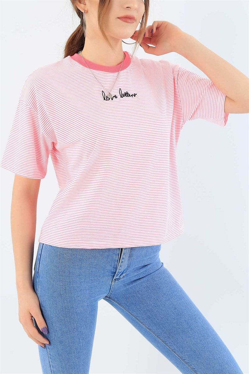 Pembe Çizgili Likralı Bayan Tişört 28657B