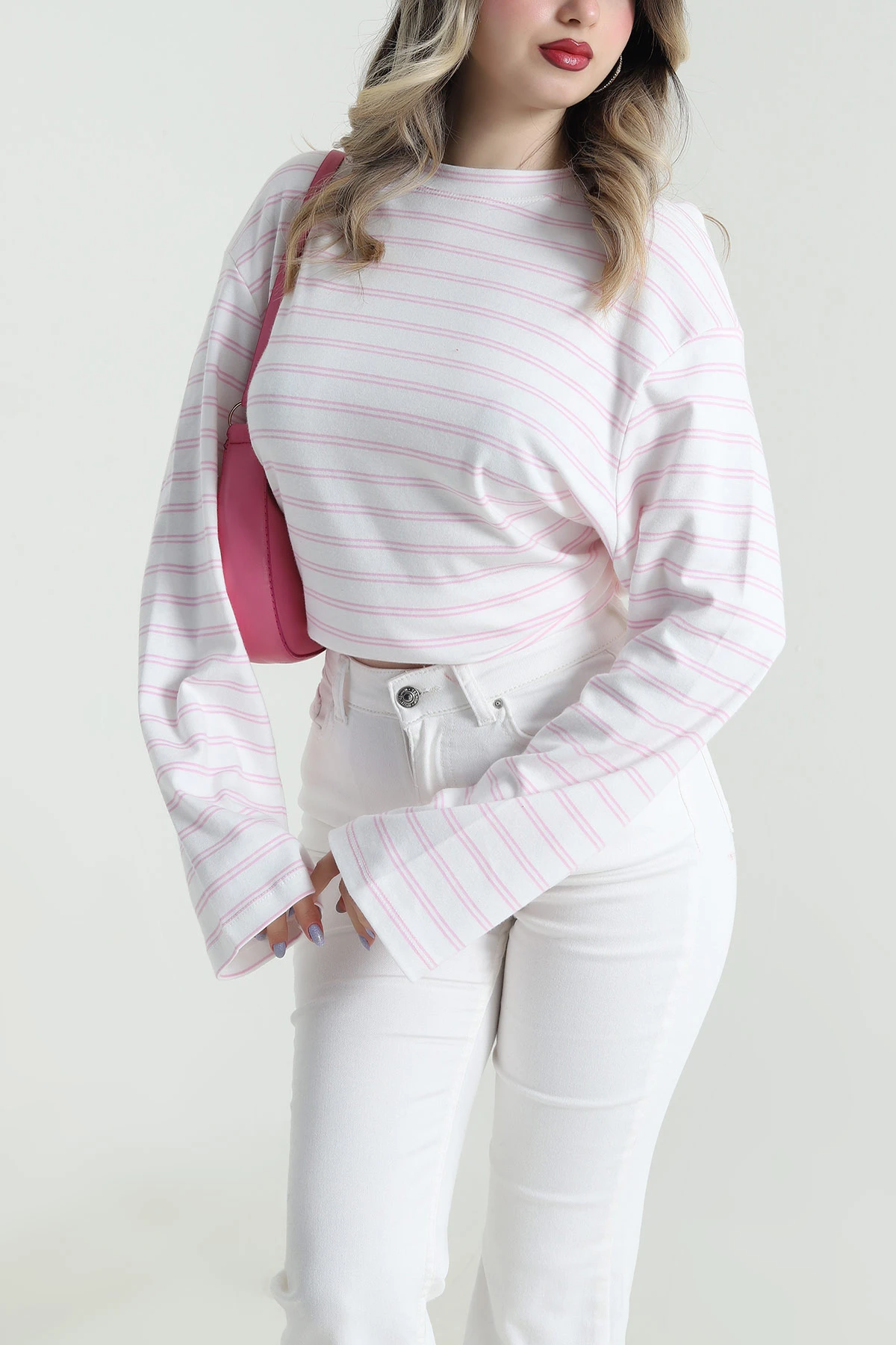Pembe Çizgili Likralı Bisiklet Yaka Kadın Sweat 494156