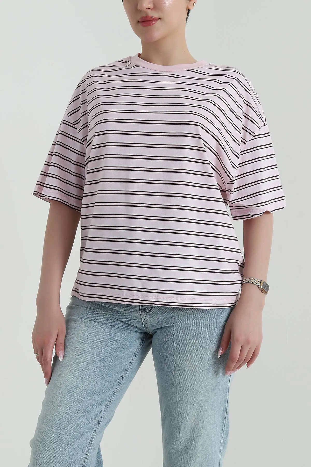 Pembe Çizgili Likralı Süprem Kadın Tişört 458386