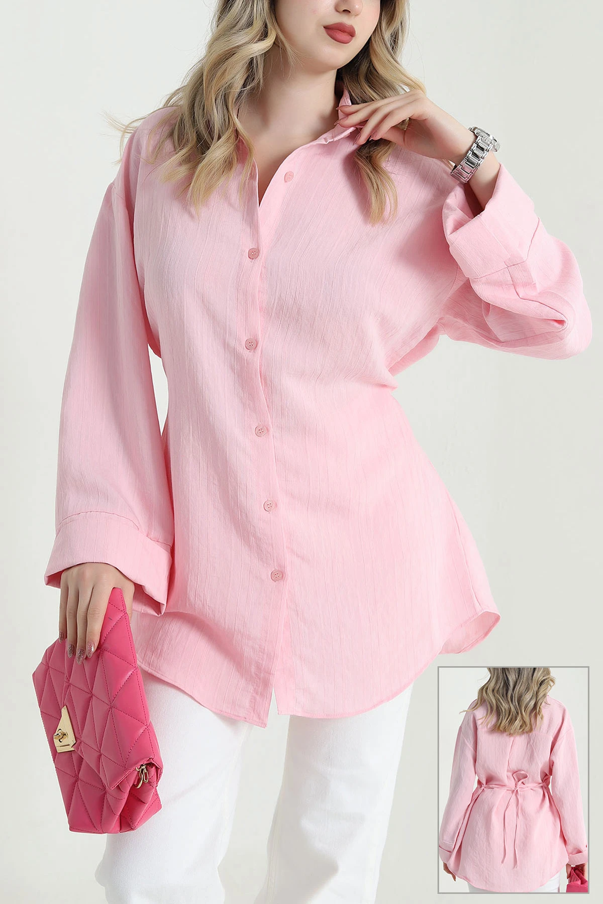 Pembe Çizgili Modal Gabard,n Kadın Gömlek Tunik 467234