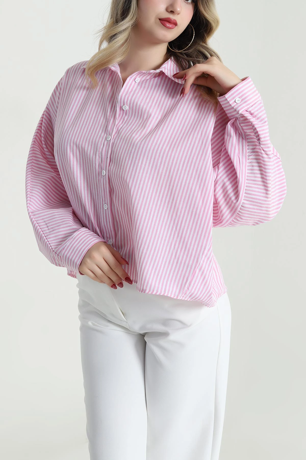 Pembe Çizgili Oversize Poplin Kadın Gömlek 479948
