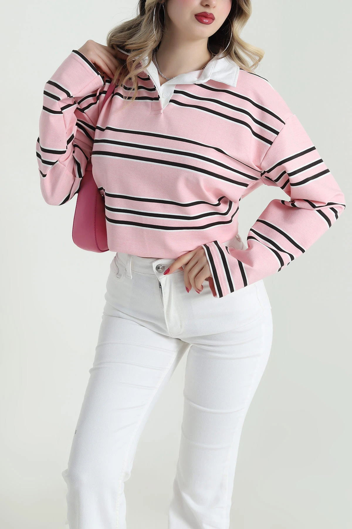 Pembe Çizgili Polo Yaka İki İp Kadın Sweat 492570