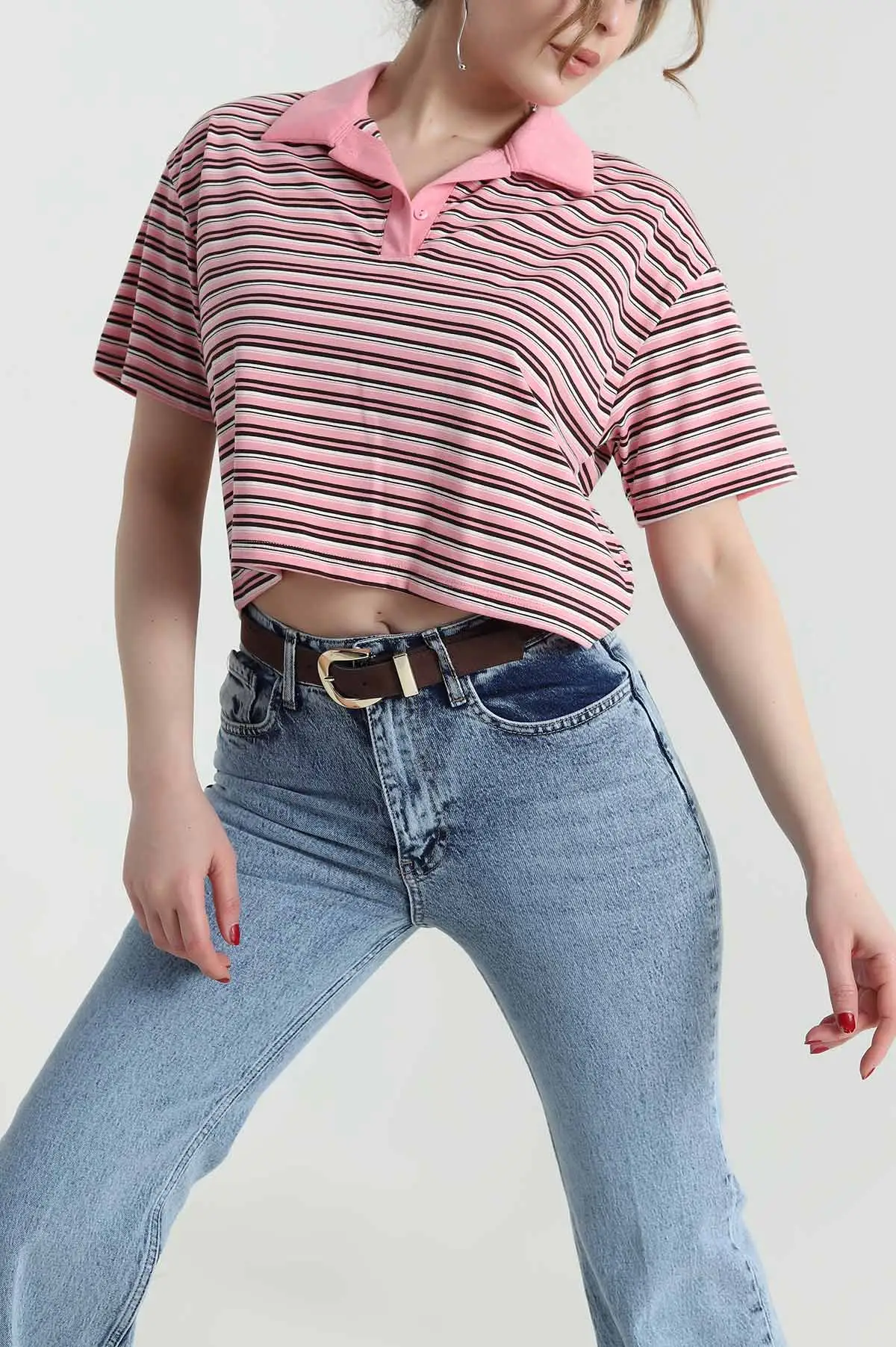 Pembe Çizgili Polo Yaka Kadın Bluz 459424