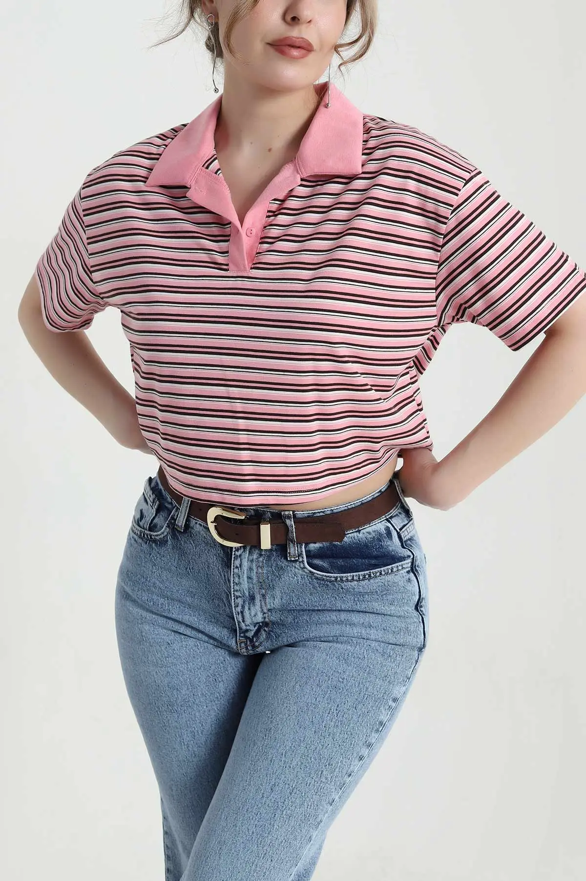 Pembe Çizgili Polo Yaka Kadın Bluz 459424