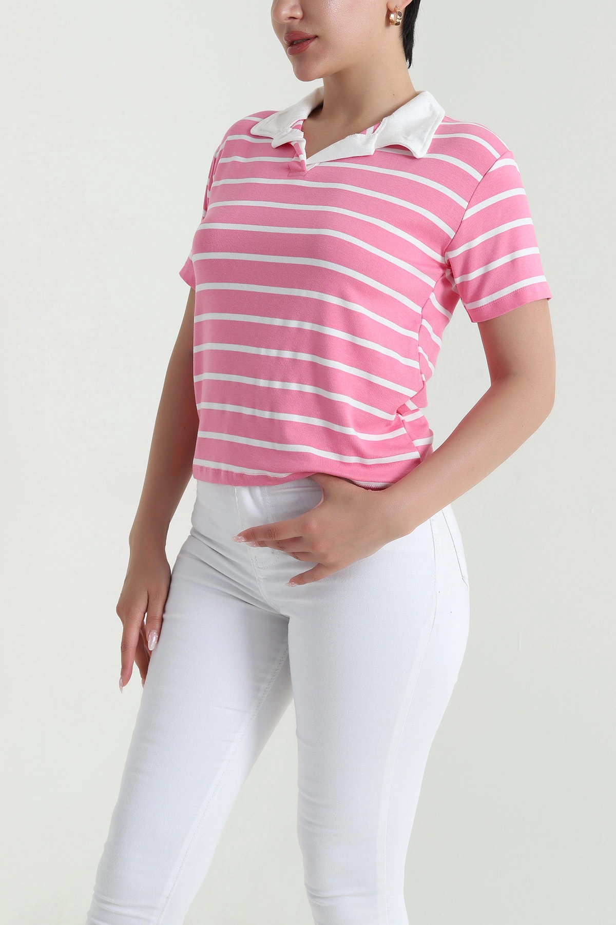 Pembe Çizgili Polo Yaka Kadın Tişört 463664