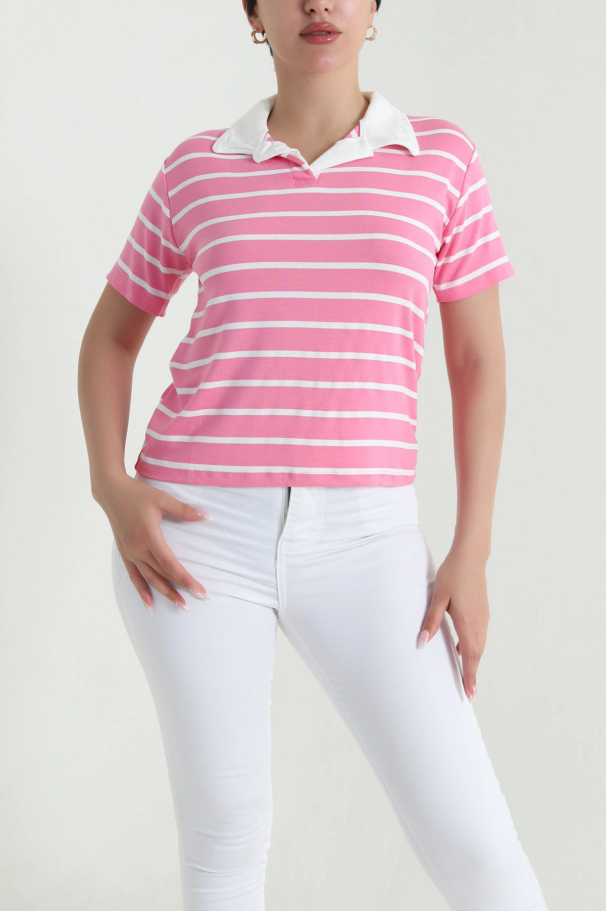 Pembe Çizgili Polo Yaka Kadın Tişört 463664