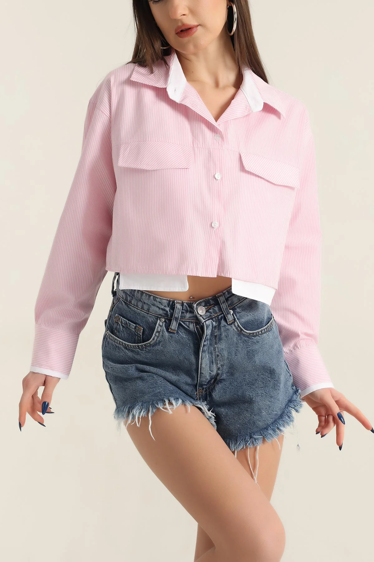 Pembe Çizgili Poplin Bayan Crop Gömlek 337447