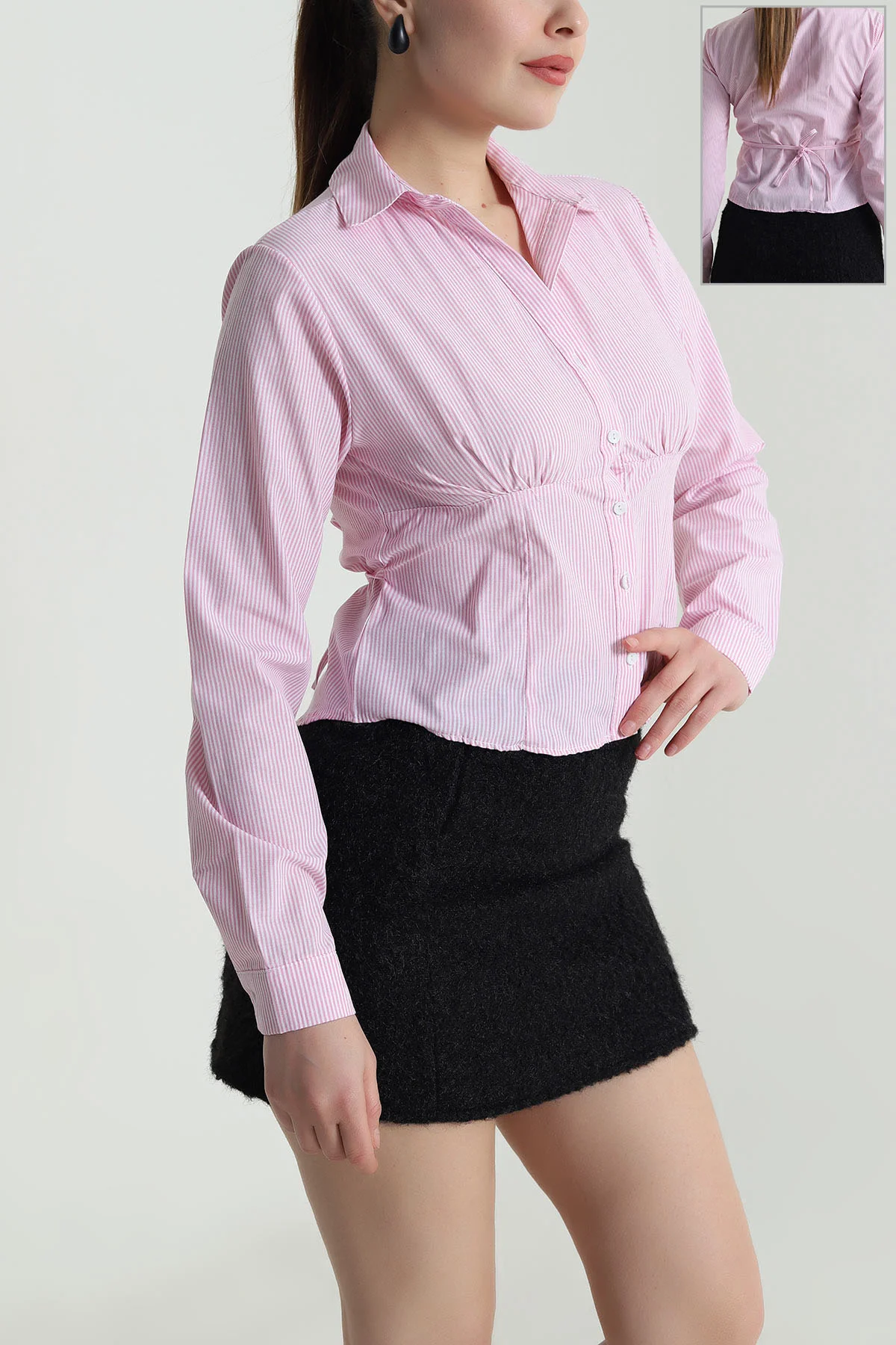 Pembe Çizgili Poplin Kadın Gömlek 495353
