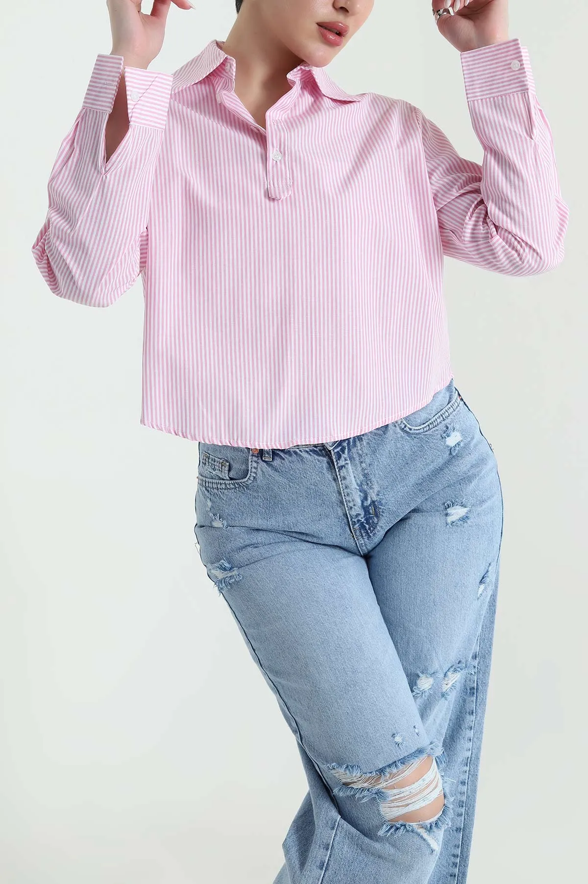 Pembe Çizgili Poplin Kadın Gömlek Bluz 445798