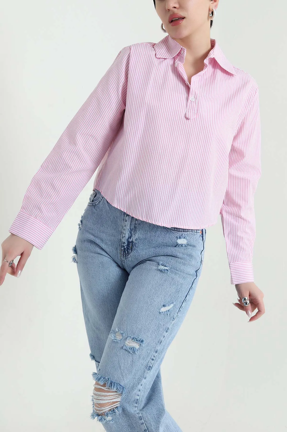 Pembe Çizgili Poplin Kadın Gömlek Bluz 445798
