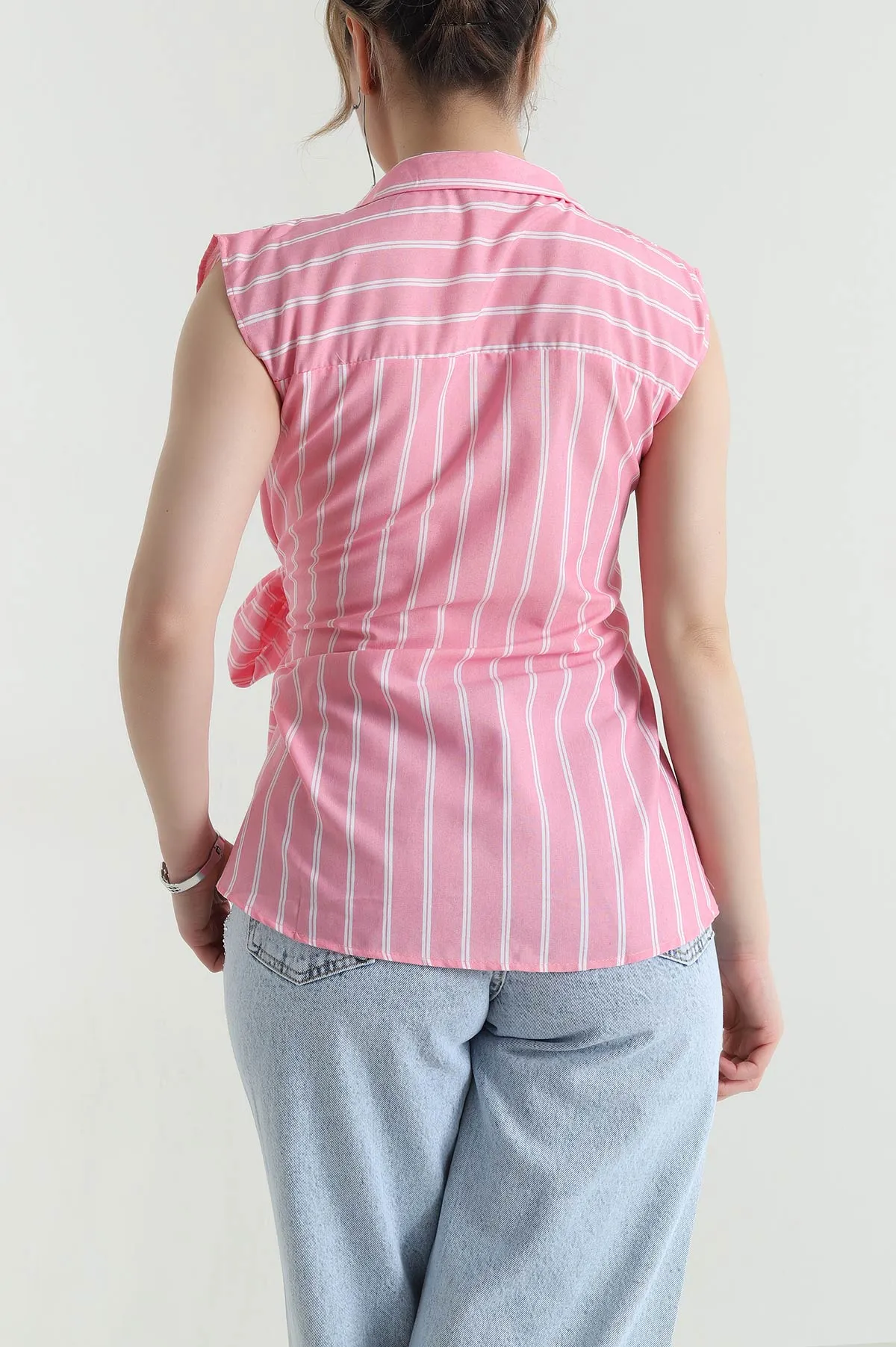 Pembe Çizgili Poplin Kolsuz Kadın Bluz 452926