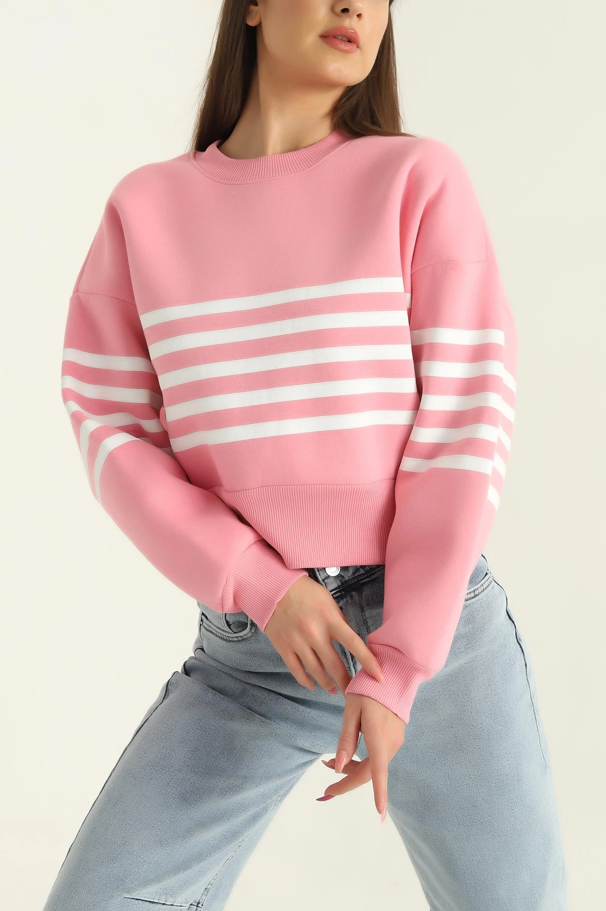 Pembe Çizgili Şardonlu İki İp Bayan Sweat 303893