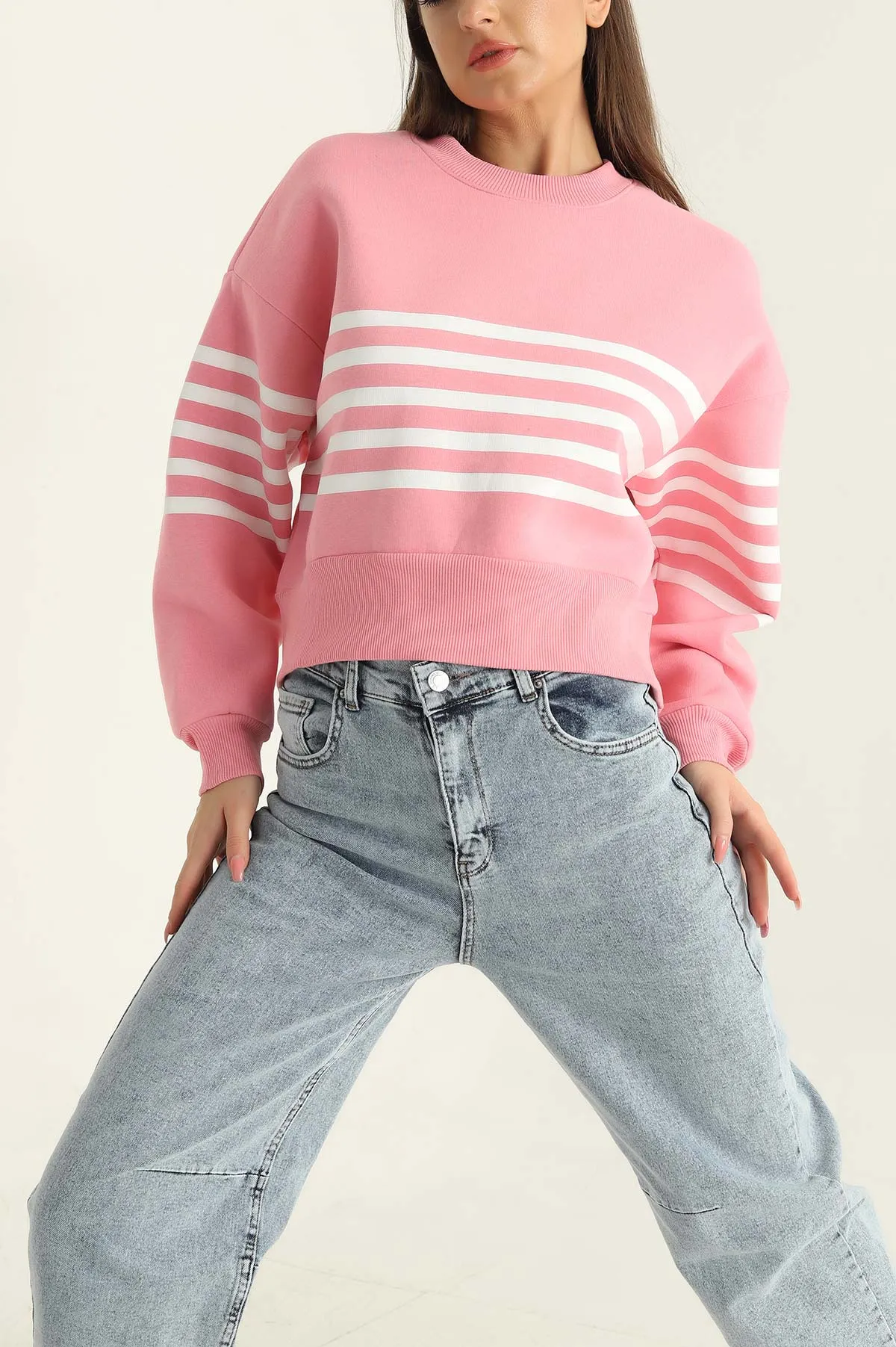 Pembe Çizgili Şardonlu İki İp Bayan Sweat 303893