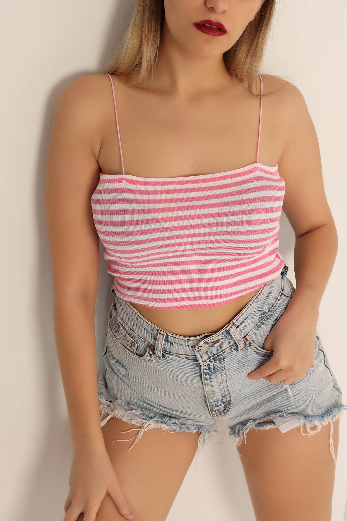 Pembe Çizgili Tasarım Crop Üst 178134