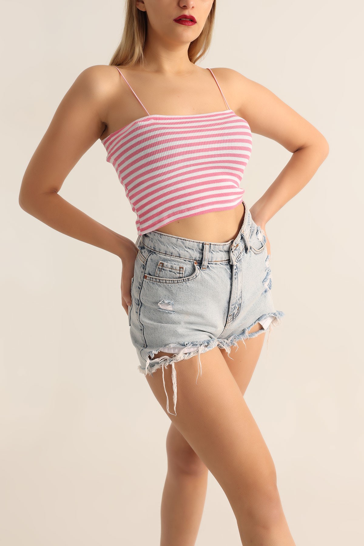 Pembe Çizgili Tasarım Crop Üst 178134